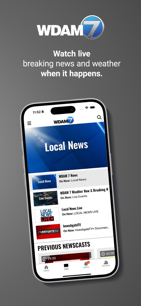 WDAM Local News - WDAM 7 local news app interface showing live breaking news and weather