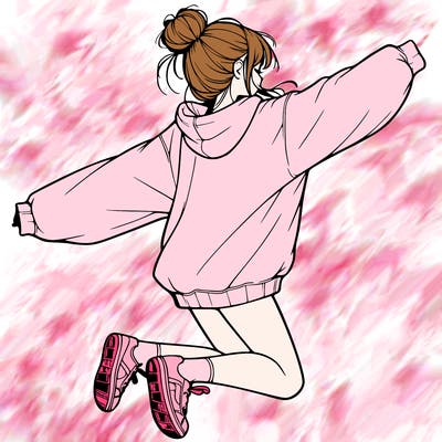 realistic girl jumping with a bun and oversized sweatshirt