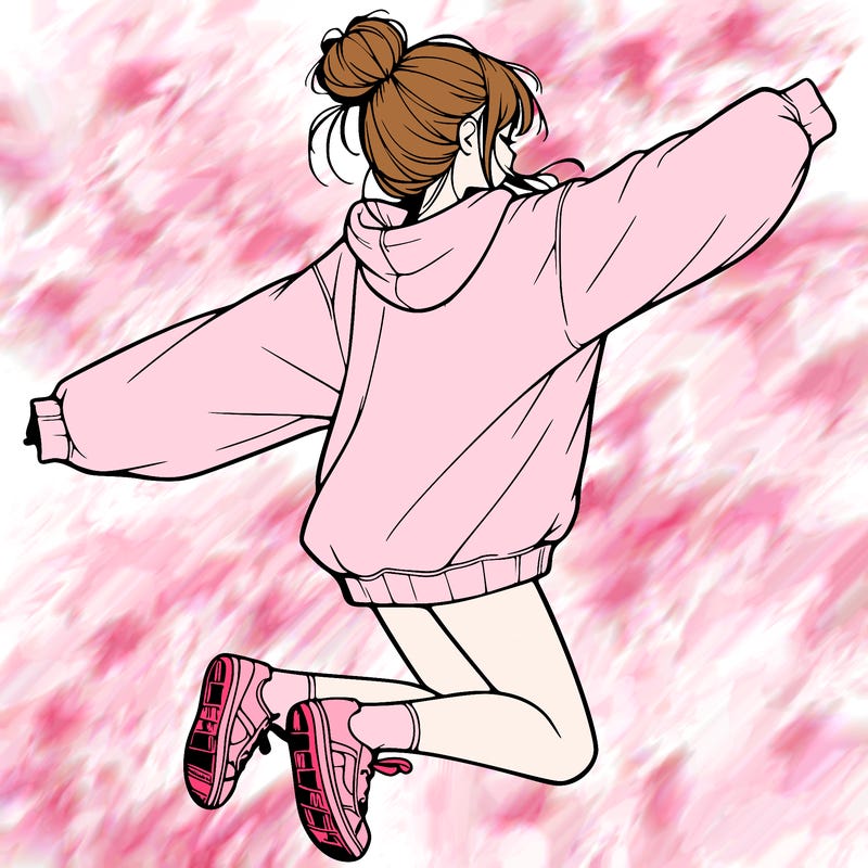 realistic girl jumping with a bun and oversized sweatshirt