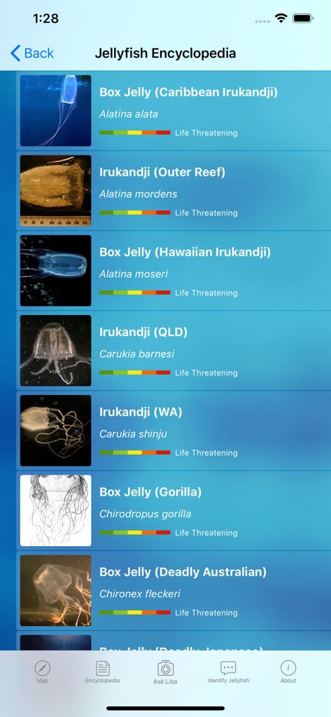 Jellyfish Encyclopedia screen listing various species with their scientific names and toxicity levels