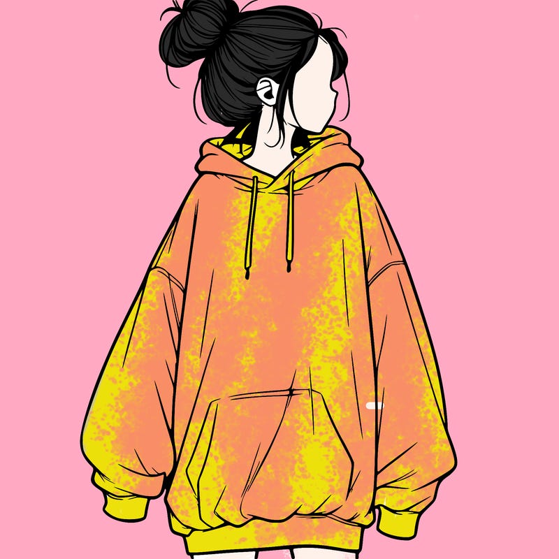 realistic girl with a oversized sweatshirt on and a bun