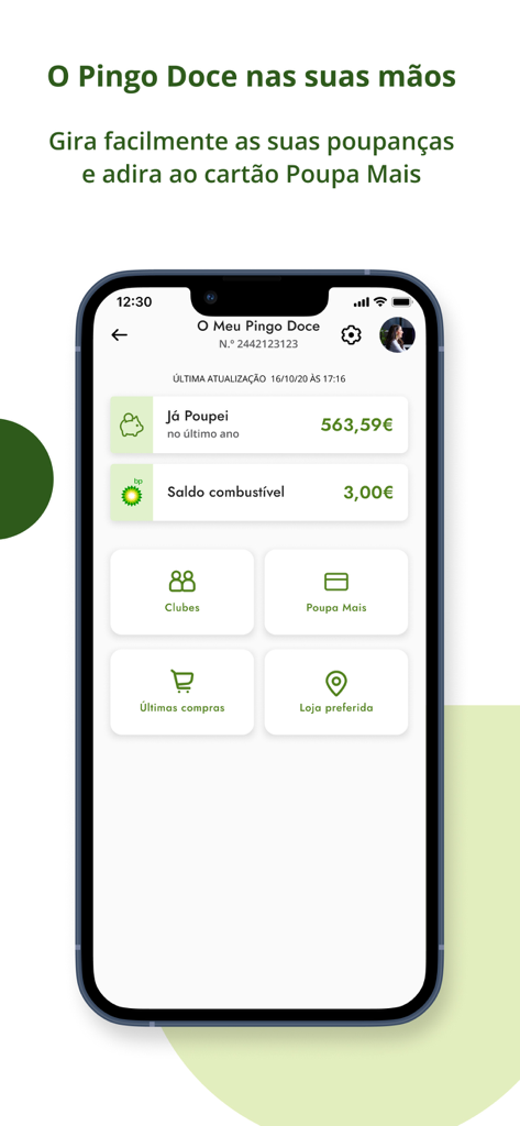 Panel de la app móvil O Meu Pingo Doce mostrando los ahorros en la compra y las funciones de la tarjeta de fidelización