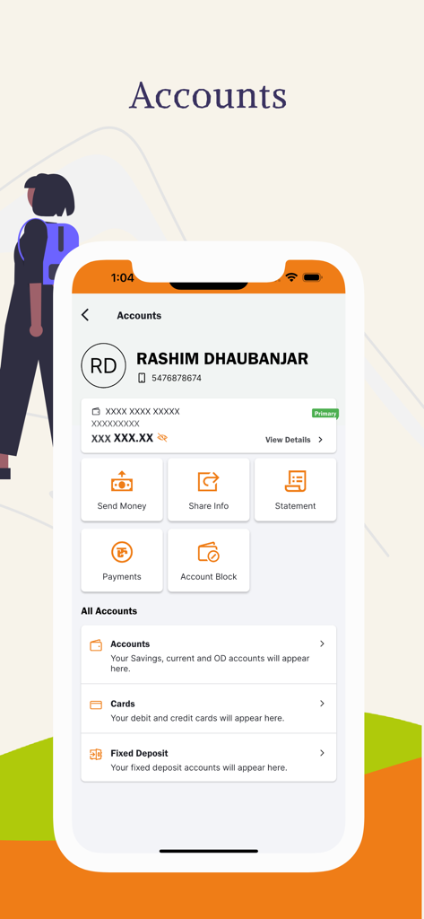 Laxmi Sunrise Mobile Money - Mobile app interface of Laxmi Sunrise Bank showing user account summary and quick action buttons like send money and statements