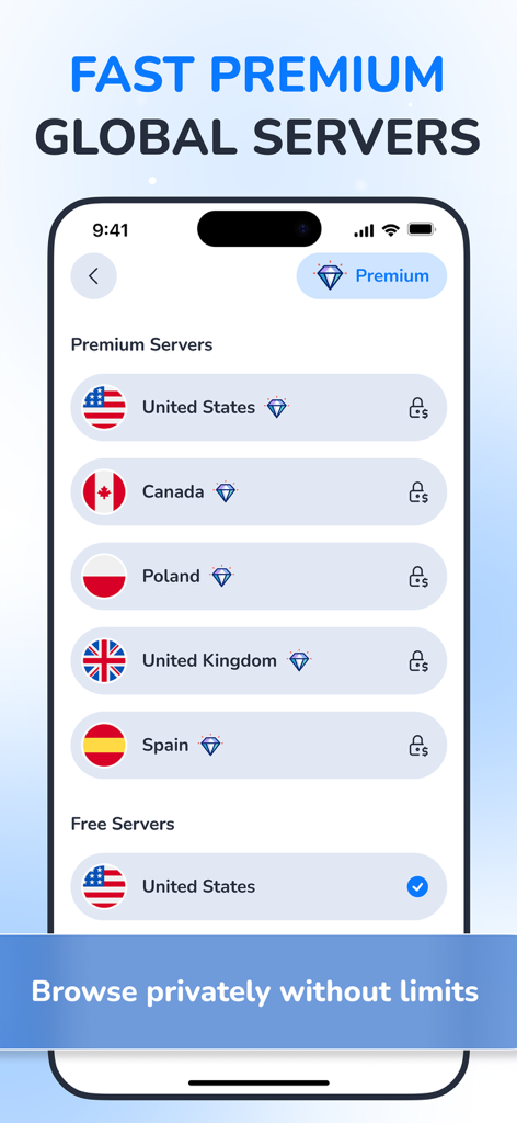 StrongNet VPN: Privacy Defence - StrongNet VPN interface displaying a selection of fast premium global servers for private browsing