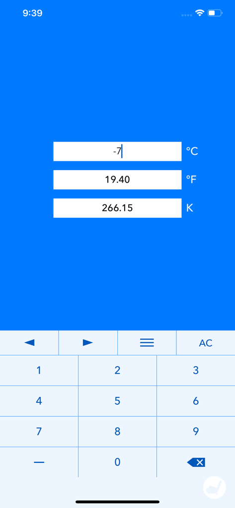 Temperature Converter - 青い背景に数字キーパッドが表示された温度変換アプリの画面。摂氏-7度が華氏とケルビンに変換されている様子を表示。