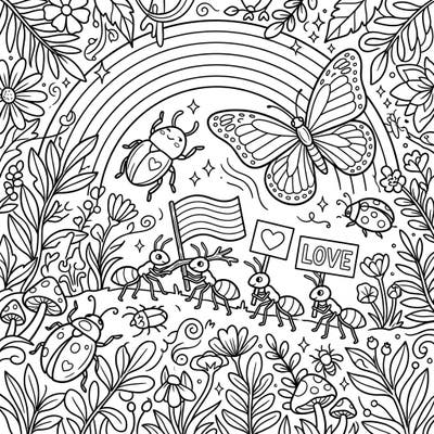 Unleash your creativity with this heartwarming coloring page featuring adorable forest insects celebrating Pride Month. Discover butterflies, beetles, and marching ants surrounded by symbols of love and unity, all ready for your vibrant colors.