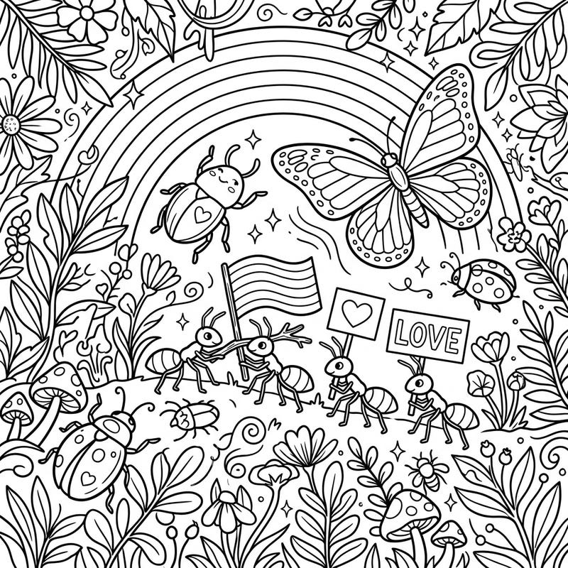 Unleash your creativity with this heartwarming coloring page featuring adorable forest insects celebrating Pride Month. Discover butterflies, beetles, and marching ants surrounded by symbols of love and unity, all ready for your vibrant colors.