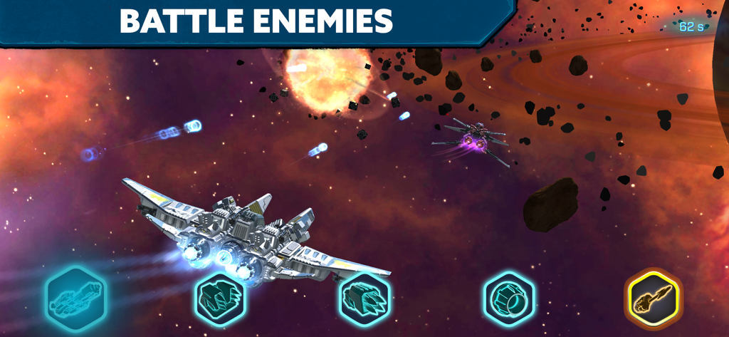 Spaceship engaging in space combat with enemies in an asteroid field within the Snap Ships app