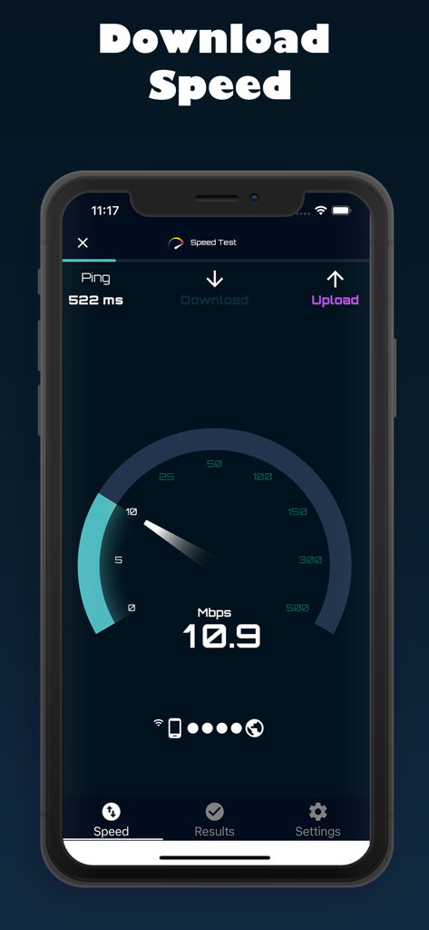 SpeedTest• - iPhone-Screenshot der SpeedTest-App, die eine Download-Geschwindigkeit von 10,9 Mbit/s mit einer Tachometeranzeige misst.