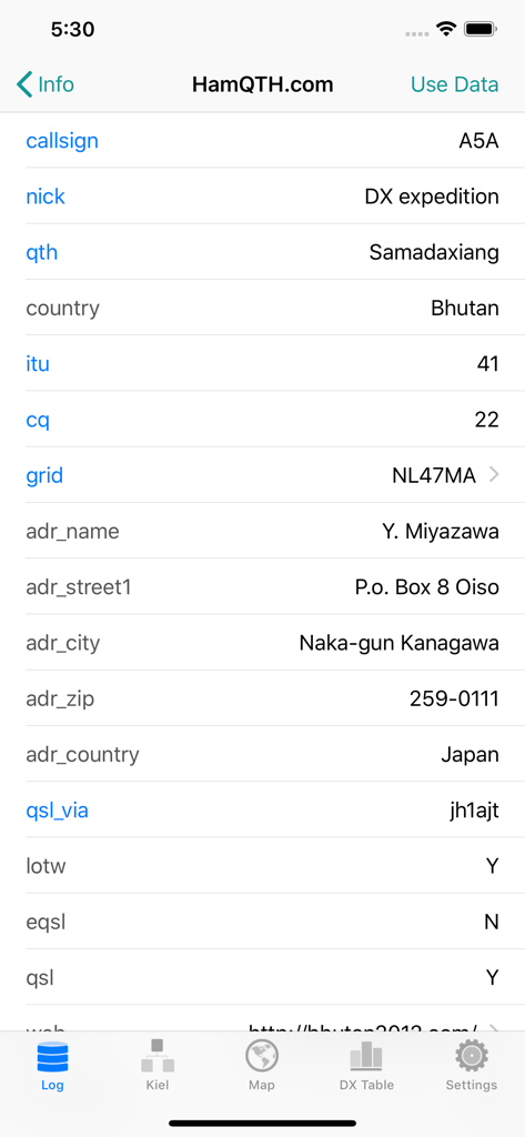 RUMlogNG2Go - RUMlogNG2Go mobile app screen showing amateur radio callsign lookup data from HamQTH for a contact in Bhutan