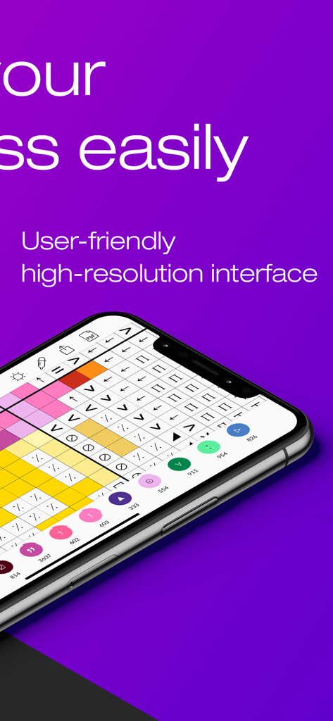 Un smartphone que muestra la interfaz de la aplicación Magic Needle con una cuadrícula detallada de patrones de punto de cruz y paleta de colores