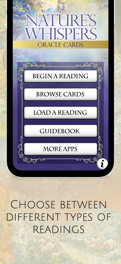 Nature's Whispers Oracle - Menu principal do aplicativo Nature's Whispers Oracle mostrando opções para iniciar uma leitura, navegar por cartas e acessar o guia.