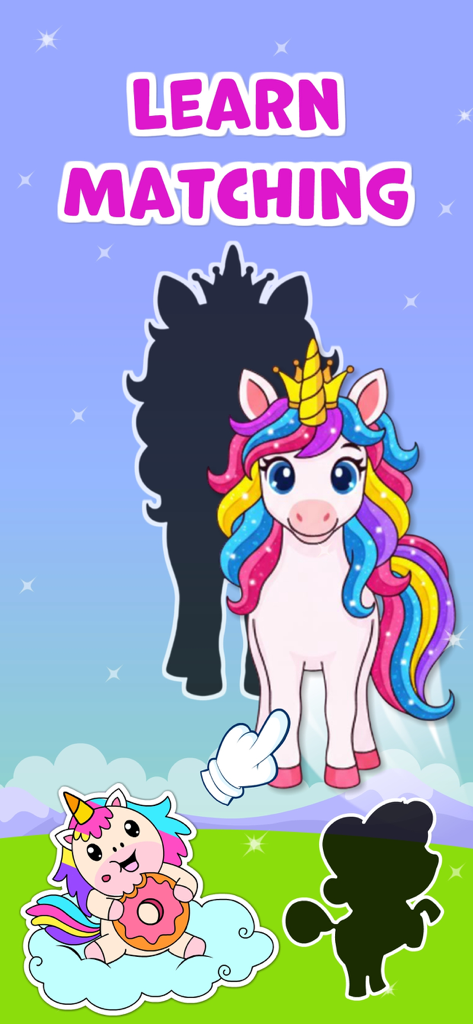 Attività di abbinamento ombre per unicorni per lo sviluppo delle capacità cognitive dei bambini