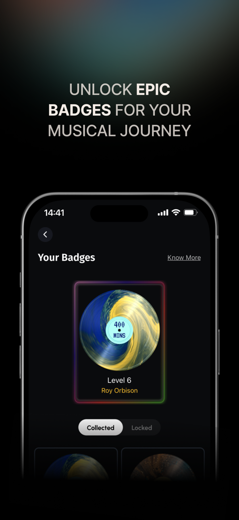 Muzify Inc - A mobile app screen titled Your Badges showing a Level 6 Roy Orbison badge with 400 minutes of listening time displayed on a vinyl record graphic.