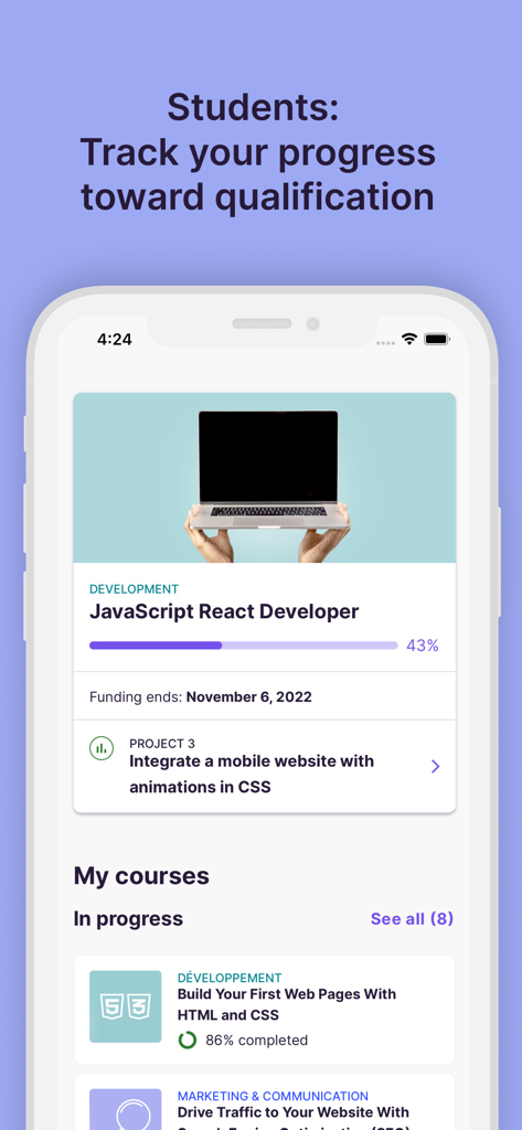 OpenClassrooms: Online courses - OpenClassrooms app interface showing a student tracking their progress in a JavaScript React Developer course