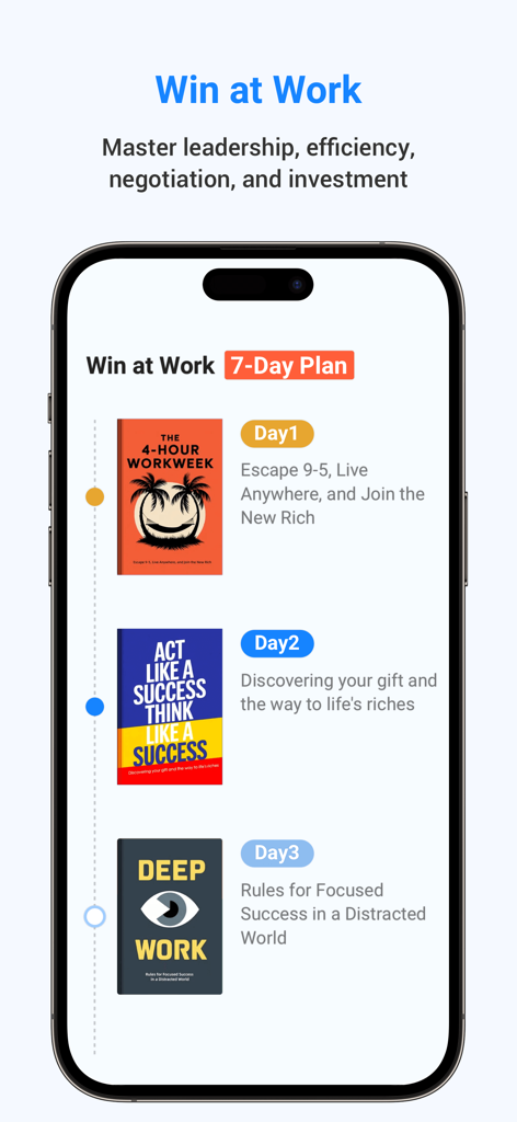 LeapAhead-Daily Book Cast - LeapAhead app screenshot showing a seven day reading plan for career success with book summaries on productivity and leadership