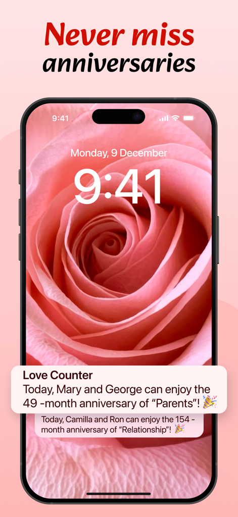 Love Counter - Dating Tracker - iPhone lock screen showing Love Counter app anniversary notifications on a pink rose wallpaper