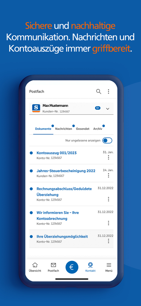 SpardaBanking App - SpardaBanking mobile app interface showing the digital postbox with bank statements and secure messages.