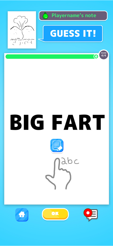 Online Telephone Game - TELPIC - Gameplay interface of the TELPIC app showing a humorous guess during a drawing and guessing game round.