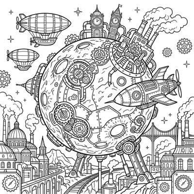 Unleash your creativity on this incredible Steampunk Mars coloring page, featuring an intricately mechanized Red Planet and a sprawling retro-futuristic city. Dive into a world of gears, airships, and Victorian-era sci-fi design, perfect for colorists seeking a detailed and imaginative challenge.