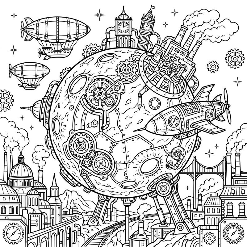 Unleash your creativity on this incredible Steampunk Mars coloring page, featuring an intricately mechanized Red Planet and a sprawling retro-futuristic city. Dive into a world of gears, airships, and Victorian-era sci-fi design, perfect for colorists seeking a detailed and imaginative challenge.