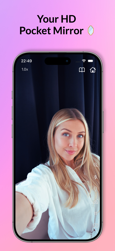 Pocket Mirror: HD Light & Zoom - iPhone-Bildschirm zeigt die Pocket Mirror App-Oberfläche mit einer hochauflösenden Spiegelung einer Frau
