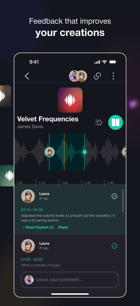 Musive: For Music Artists - Musive app interface showing time stamped comments and feedback on an audio track waveform