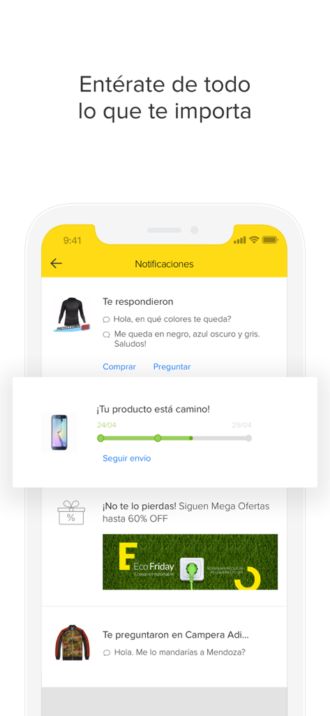 Mercado Libre: Compras Online - Interface de notification de l'application Mercado Libre montrant le statut d'expédition et les messages clients