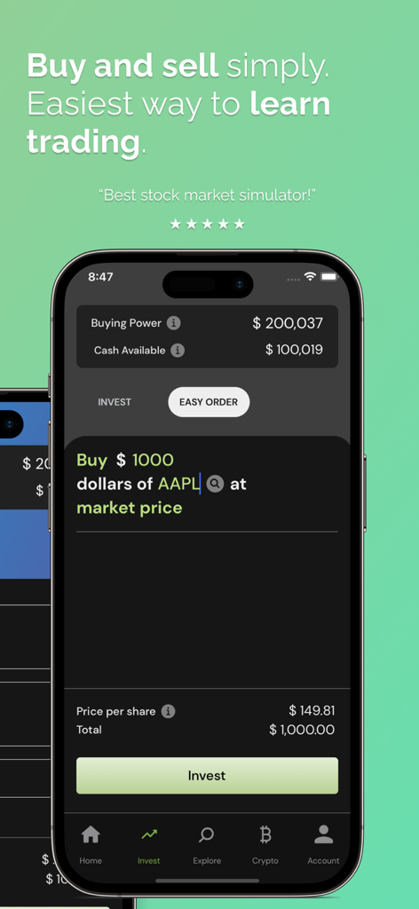A mobile screen from Redvest showing an easy order to buy Apple stock at market price using virtual currency.