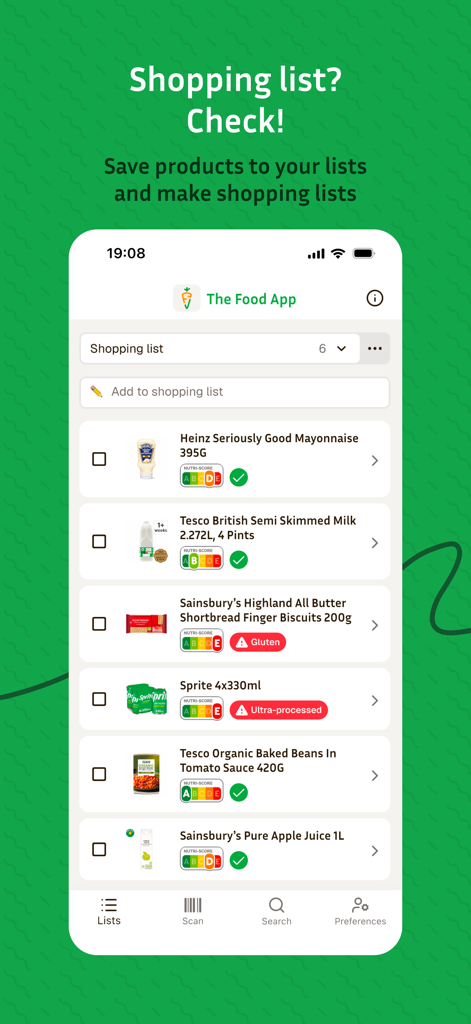 The Food App shopping list interface showing grocery items with Nutri-Score ratings and ultra-processed food warnings