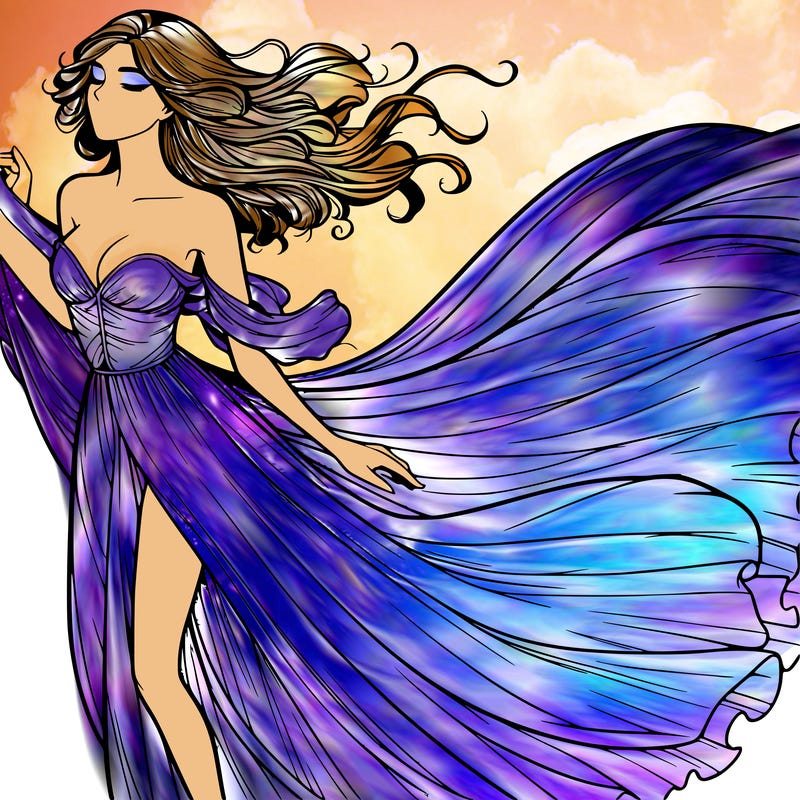 realistic woman in dress flowing the the wind