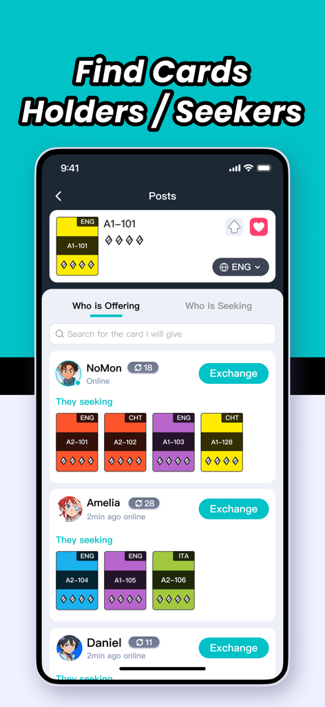 PokeHub app screen showing card holders and seekers for card exchanges