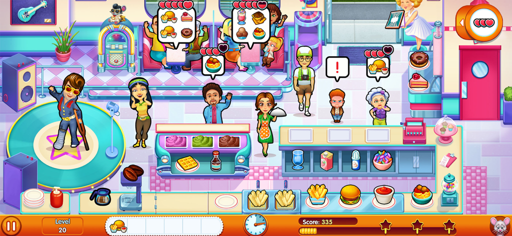 Delicious - Emily's Road Trip - Emily serving customers in a retro diner with an Elvis impersonator on stage