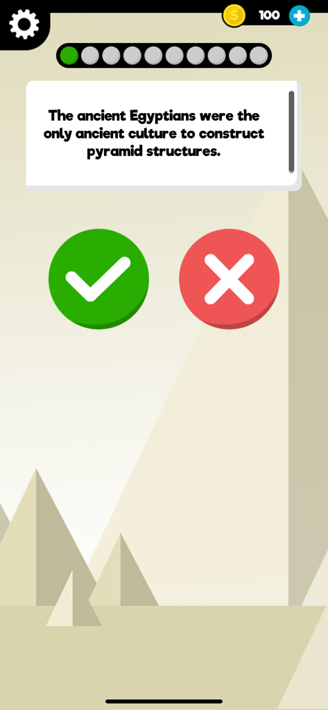 History: Quiz Game & Trivia - Juego móvil de preguntas sobre historia que muestra una pregunta de verdadero o falso sobre pirámides
