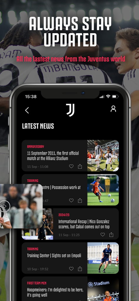 Feed delle ultime notizie sull'App Ufficiale Juventus con aggiornamenti della squadra e report degli allenamenti