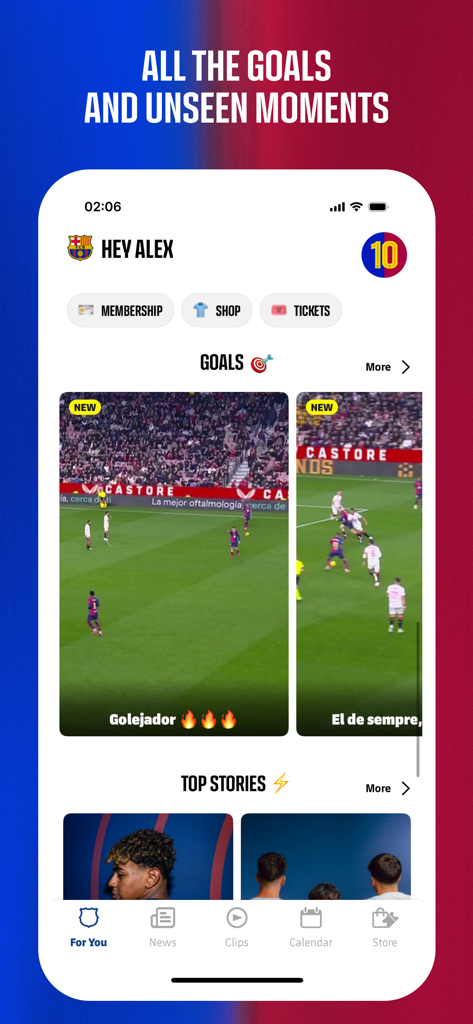 FC Barcelona Official App - FC Barcelona official app showing vertical video highlights of goals and top stories on a smartphone screen