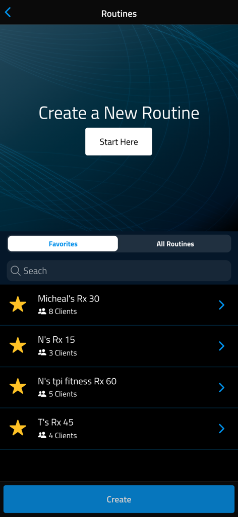 TPI Pro app interface showing a list of saved golf fitness routines and a button to create new training programs