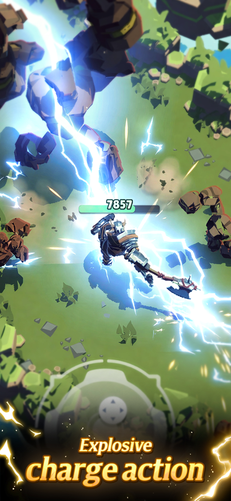 God Breaker: Roguelike ARPG - An armored warrior performing an explosive charge action with a giant axe and lightning effects in God Breaker Roguelike ARPG.
