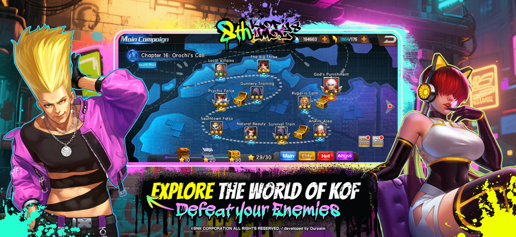 Main campaign world map interface in KOF 98 UM OL showing level progression and character art