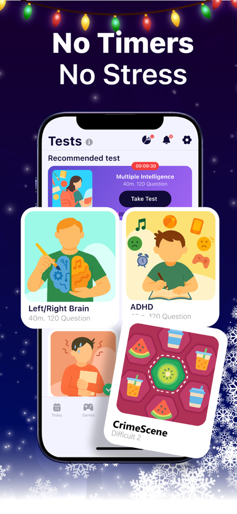 BRAIN101: Brain Training Games - Interface do aplicativo de treinamento cerebral mostrando uma lista de testes cognitivos e o texto Sem Cronômetros Sem Estresse.