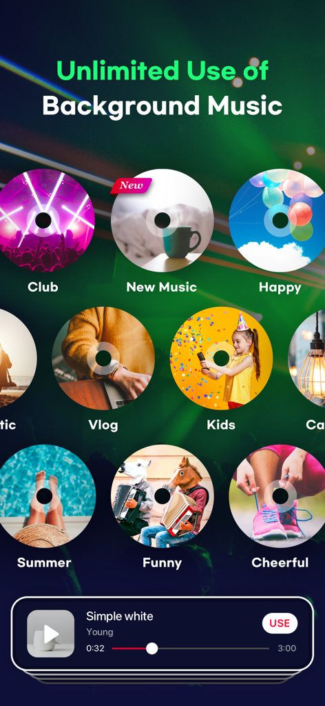 VDIT app interface showing a variety of background music categories for video creators.