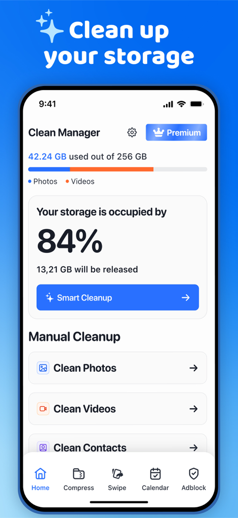 Clean Manager app interface showing storage usage analysis and a smart cleanup button