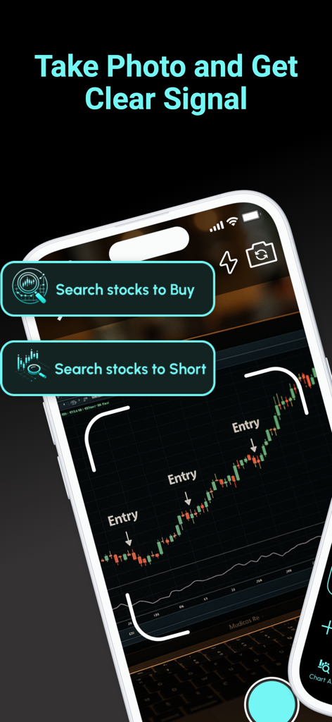 Chart AI Pro Trading Assistant - Pantalla de la app Chart AI Pro mostrando señales de trading y puntos de entrada en un gráfico de acciones analizado por foto