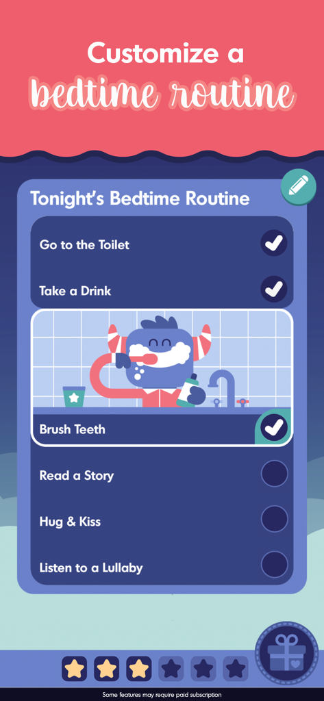 Una lista de verificación personalizable de la rutina de hora de dormir para niños en la aplicación Budge Bedtime con un personaje de monstruo azul cepillándose los dientes.