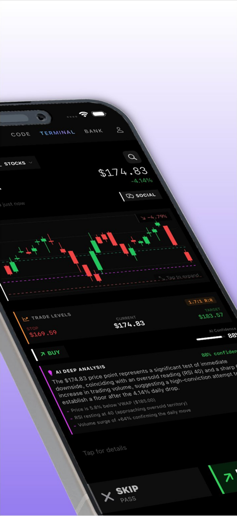 ENTON - ENTON app terminal interface displaying a stock candlestick chart with AI deep analysis and buy signals