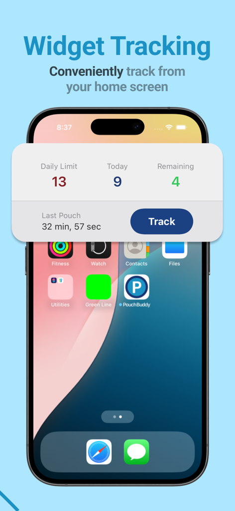 Pouch Buddy Nicotine Tracking - Widget dell'app Pouch Buddy sulla schermata Home di un iPhone che mostra i dati di monitoraggio giornaliero delle bustine di nicotina, inclusi limite e bustine rimanenti