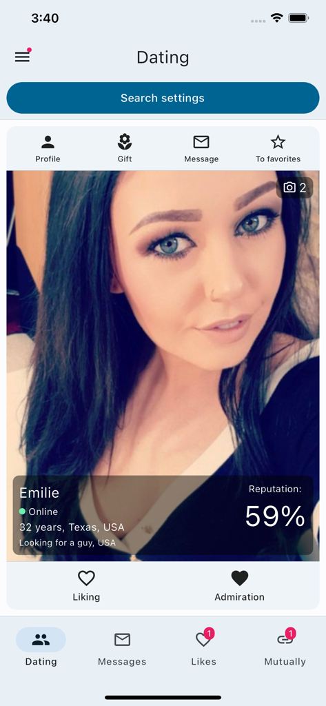 Schermata del profilo utente dell'app InDating che mostra la biografia di una donna e la percentuale di reputazione