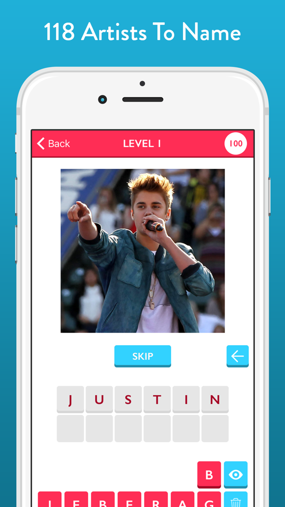 Guess The Music Artist - Free Quiz Game About Singers And Bands - A music trivia game screen showing a photo of Justin Bieber for the player to guess