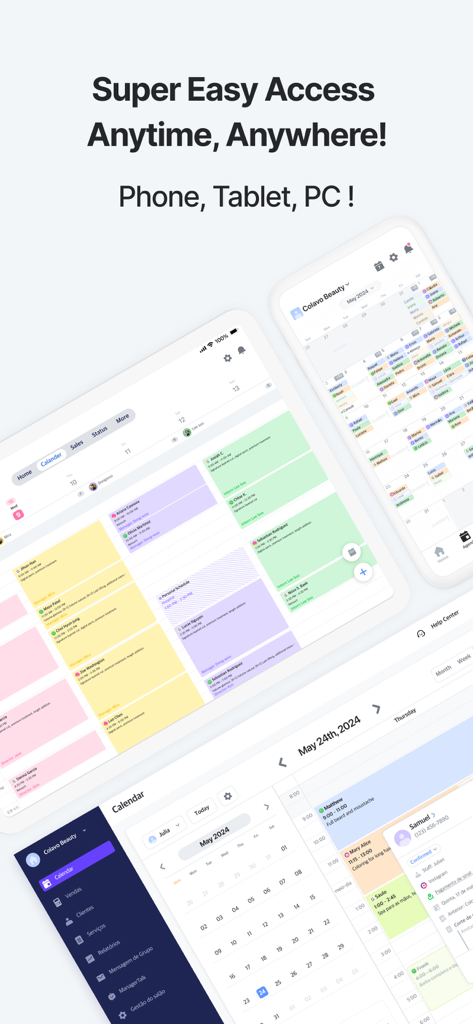 Interface de calendário do app ColavoSalon exibida em telas de smartphone e tablet para fácil gestão do salão