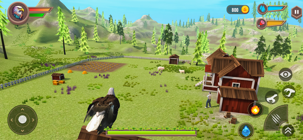 Real Eagle Simulator Bird Game - Gameplay screenshot of a bald eagle overlooking a farm in a 3D nature simulation game